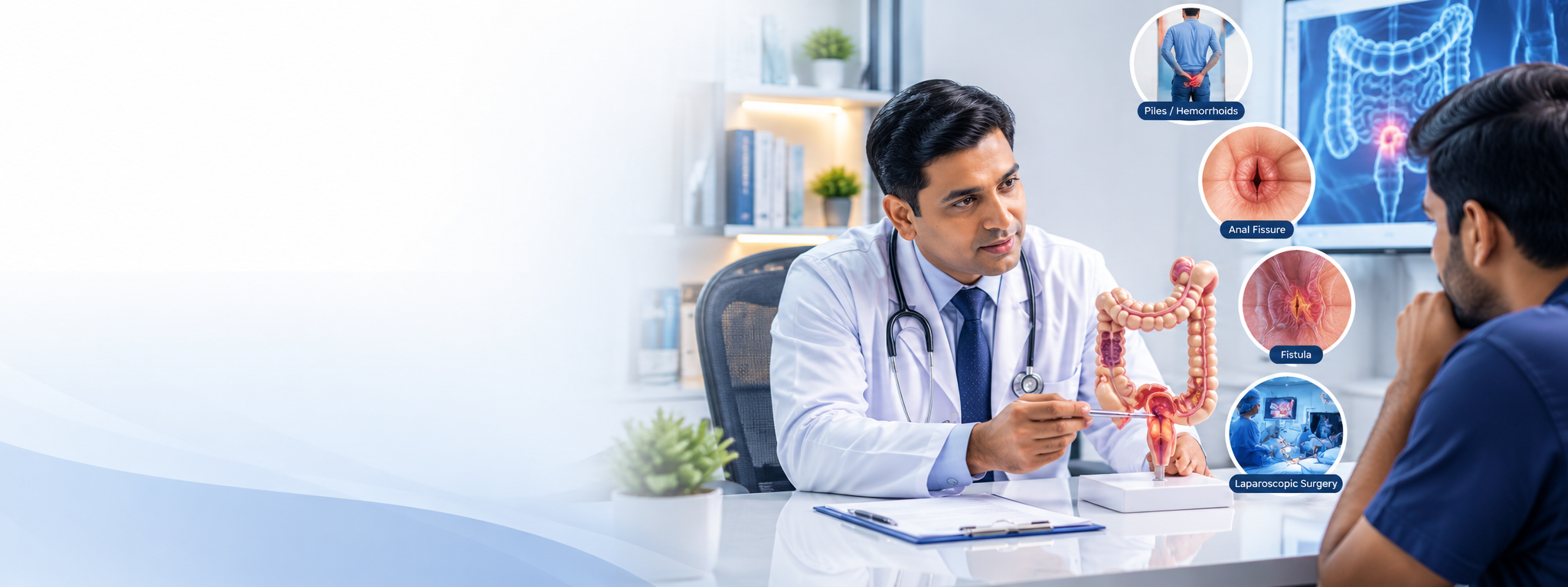 Dr. Rajiv Sharma explaining colorectal and surgical care to a patient